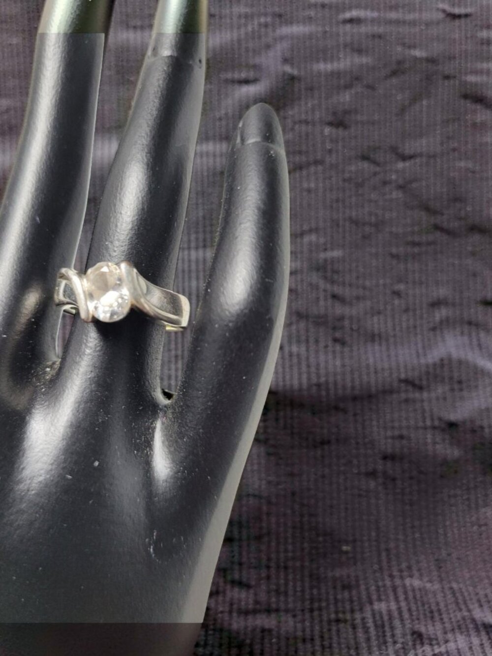 Vintage Modernist Silver Tone Slanted Solitaire Size 6 Ring featuring a clear Rh